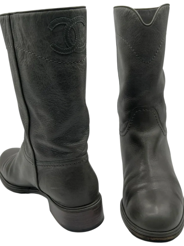 Chanel Grey Leather Mid Calf Boots
