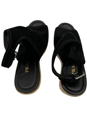 Prada Black Suede Open Toe Espadrille Slingback Wedges *NEW*