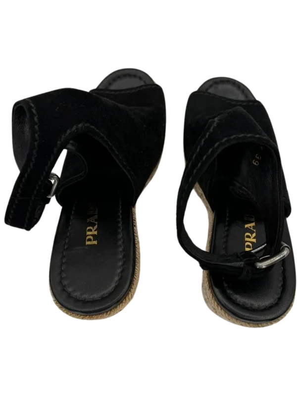 Prada Black Suede Open Toe Espadrille Slingback Wedges *NEW*