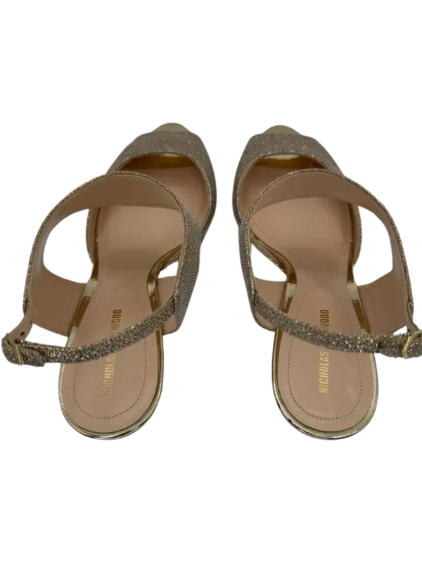 Nicholas Kirkwood Metallic Beige Glitter Fabric Ankle Strap Sandalsn *NEW*