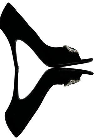 Gucci Black Satin Crystal Bow Embellished Peep Toe Pumps - Size 39