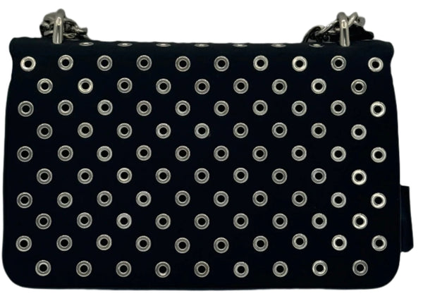 Prada Tessuto Nylon Soft Calf Grommet Chain Shoulder Bag Nero Black