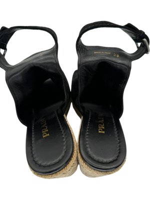 Prada Black Suede Open Toe Espadrille Slingback Wedges *NEW*