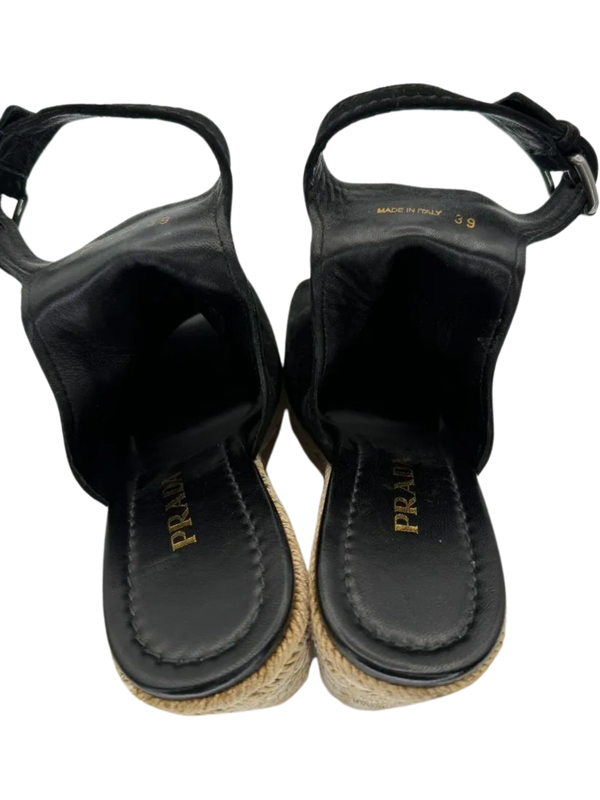 Prada Black Suede Open Toe Espadrille Slingback Wedges *NEW*