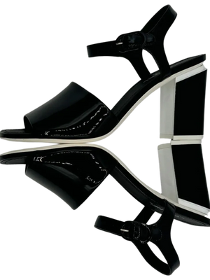 Chanel Black Patent Leather CC Block Heel Ankle Strap