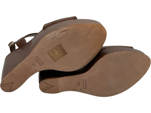 Prada Asymmetric Calfskin Wedge Sandal, Brown