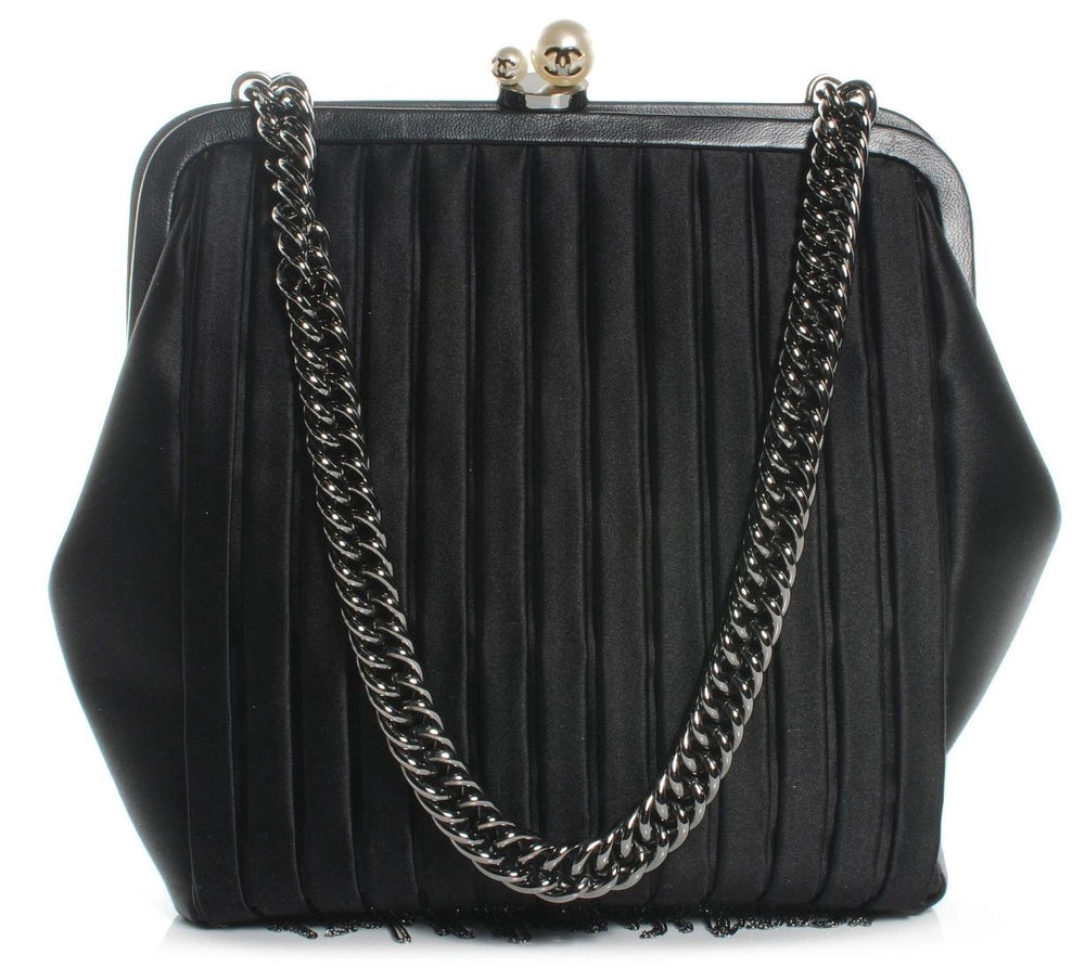 CHANEL CC Pearl Framed Black Satin Chain Fringe Shoulder Evening Bag - Rare- Vintage