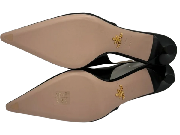 Prada Pointed Toe Round Orbit Logo Leather Slingbacks *NEW*