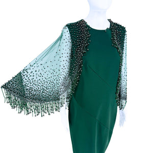 Pamella Roland Rich forest green Beaded Overlay Cut Out Long Sleeve Cape Dress Sz 8