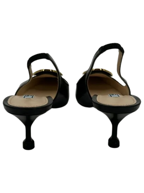 Prada Pointed Toe Round Orbit Logo Leather Slingbacks *NEW*