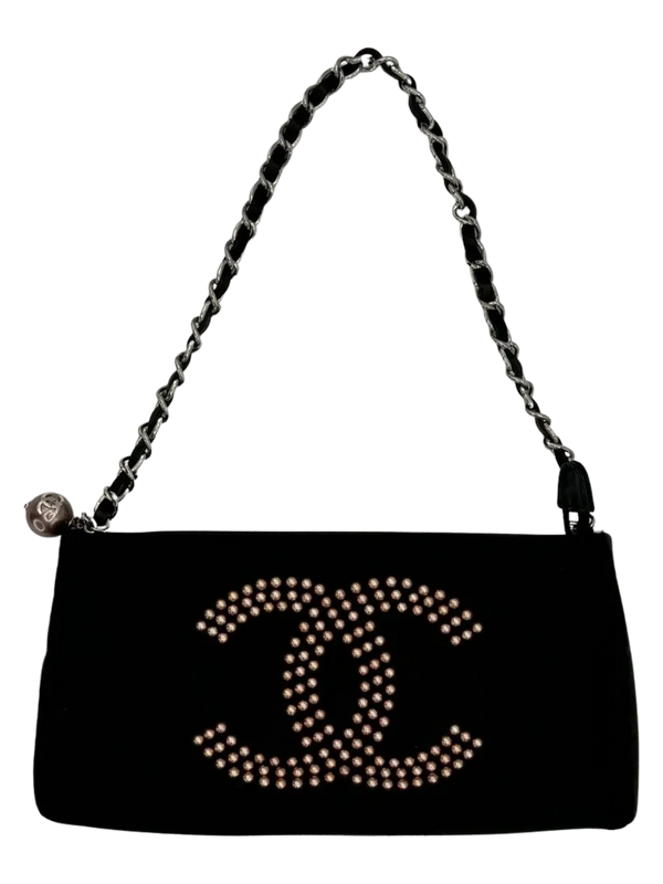 Chanel Black Satin Baguette Pochette Beaded Shoulder Bag