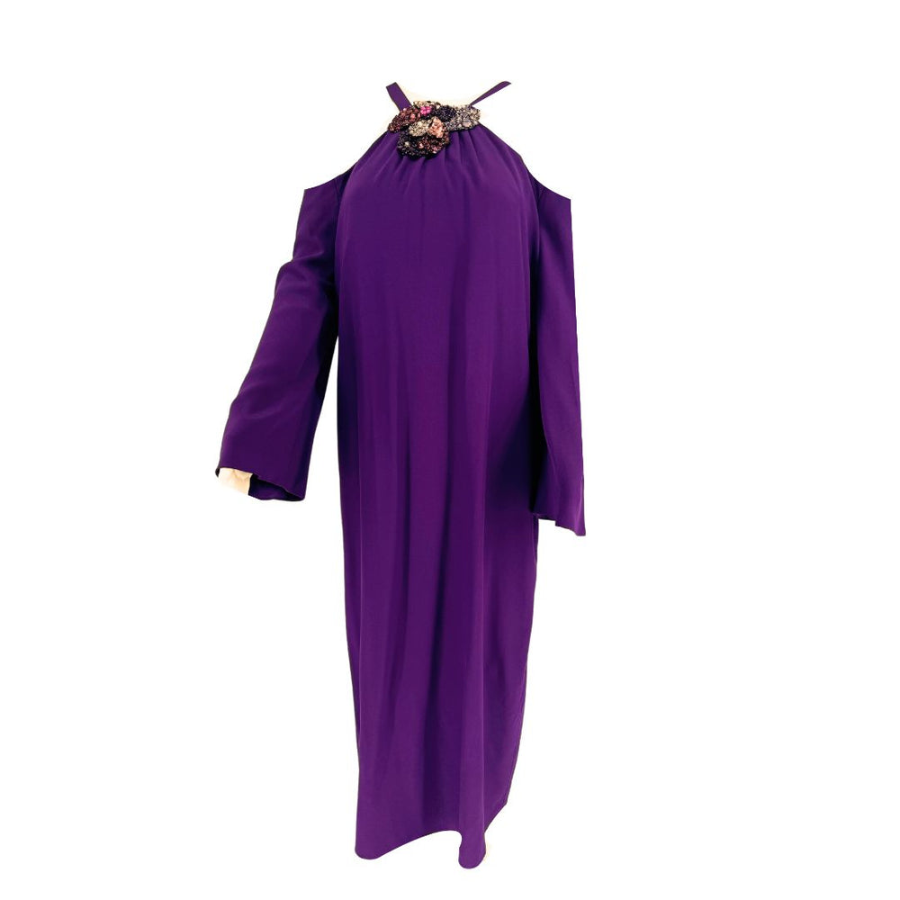 PAMELLA ROLAND Purple Cold Shoulder Beaded Neck Long Sleeve Maxi Dress 10.