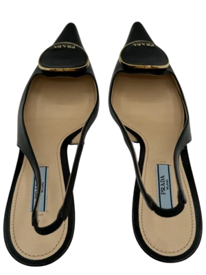Prada Pointed Toe Round Orbit Logo Leather Slingbacks *NEW*