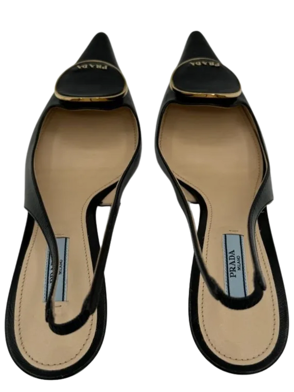 Prada Pointed Toe Round Orbit Logo Leather Slingbacks *NEW*