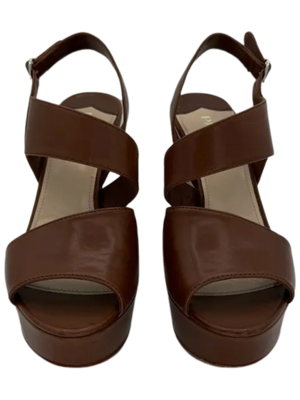 Prada Asymmetric Calfskin Wedge Sandal, Brown