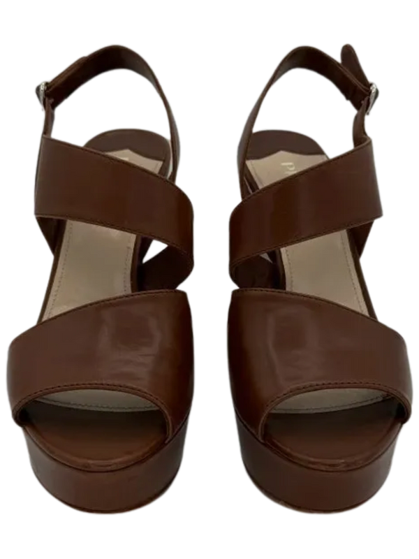 Prada Asymmetric Calfskin Wedge Sandal, Brown