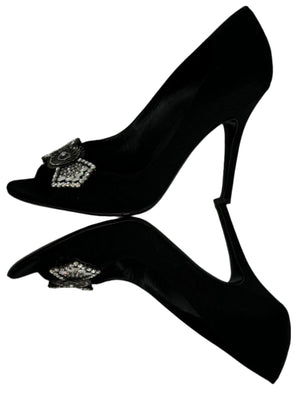 Gucci Black Satin Crystal Bow Embellished Peep Toe Pumps - Size 39