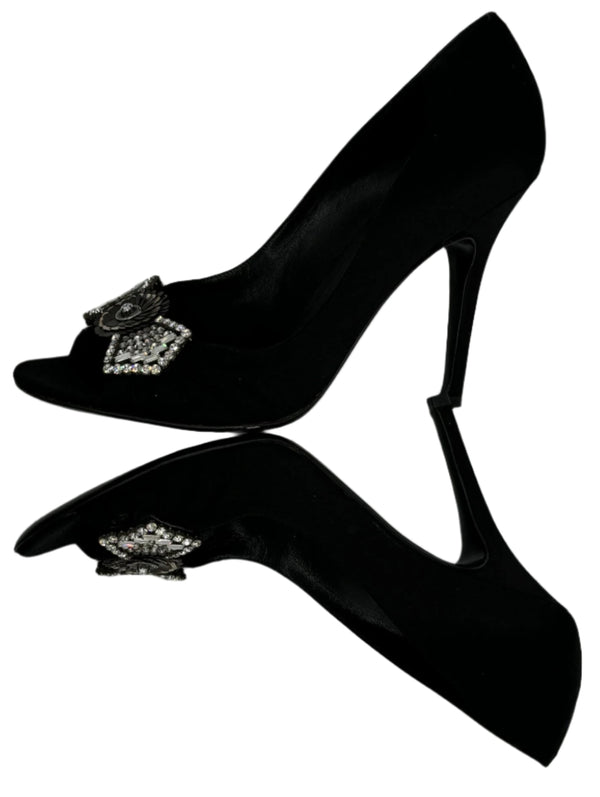 Gucci Black Satin Crystal Bow Embellished Peep Toe Pumps - Size 39