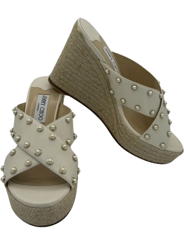 Jimmy Choo Dovina Studded Creamy White Wedge Sandals *NEW*