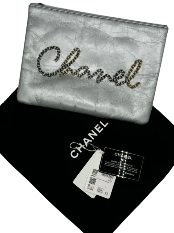 Chanel Written In Chain Metallic Crumpled Calfskin Signature Pouch Silver