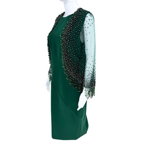Pamella Roland Rich forest green Beaded Overlay Cut Out Long Sleeve Cape Dress Sz 8