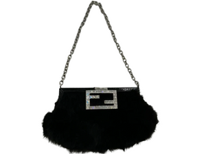 FENDI Mini Baguette Black Fur and Rhinestone/Silver Hardware