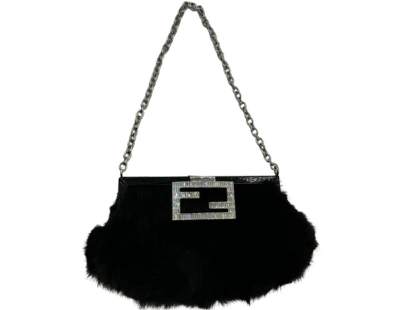 FENDI Mini Baguette Black Fur and Rhinestone/Silver Hardware
