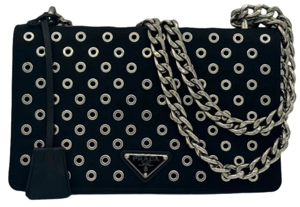 Prada Tessuto Nylon Soft Calf Grommet Chain Shoulder Bag Nero Black