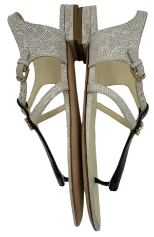 CHANEL White Black Stingray Interlocking CC Logo Leather T Strap Sandals Sz. 39.5