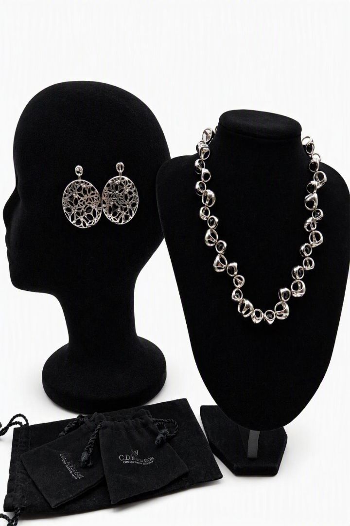 Di Modolo Sterling Silver Black Onyx Link Necklace & Openwork Earrings Set