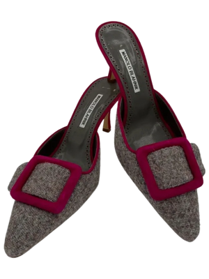 Manolo Blahnik Maysale 70MM Grey Tweed Mules
