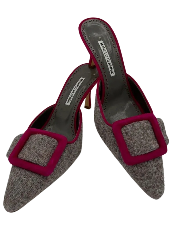Manolo Blahnik Maysale 70MM Grey Tweed Mules
