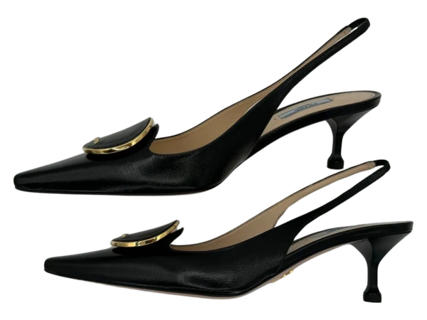 Prada Pointed Toe Round Orbit Logo Leather Slingbacks *NEW*
