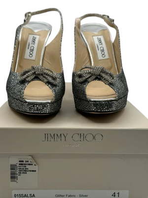 Jimmy Choo Silver Glitter Crystal Embellished Ankle Strap Platform Sandal