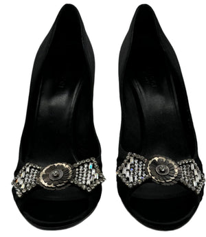 Gucci Black Satin Crystal Bow Embellished Peep Toe Pumps - Size 39