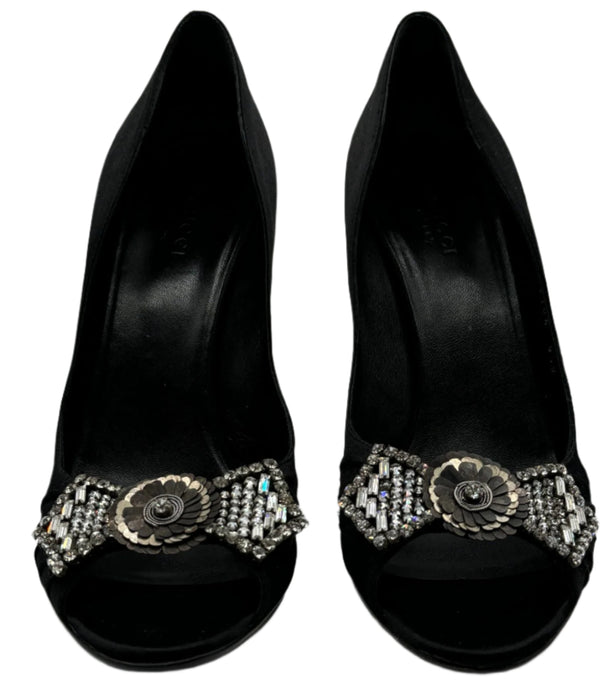 Gucci Black Satin Crystal Bow Embellished Peep Toe Pumps - Size 39