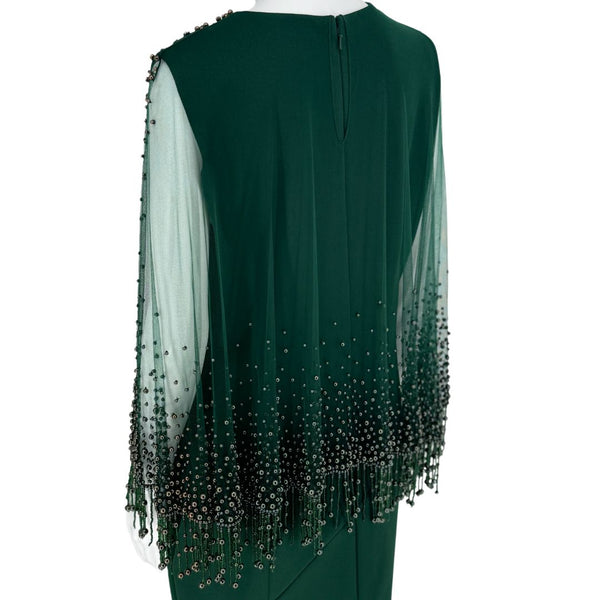 Pamella Roland Rich forest green Beaded Overlay Cut Out Long Sleeve Cape Dress Sz 8