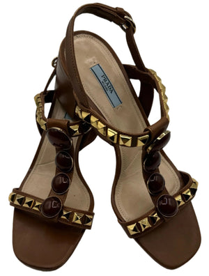 PRADA Cognac Brown Jeweled Stones Studded Sandal - Sz 39