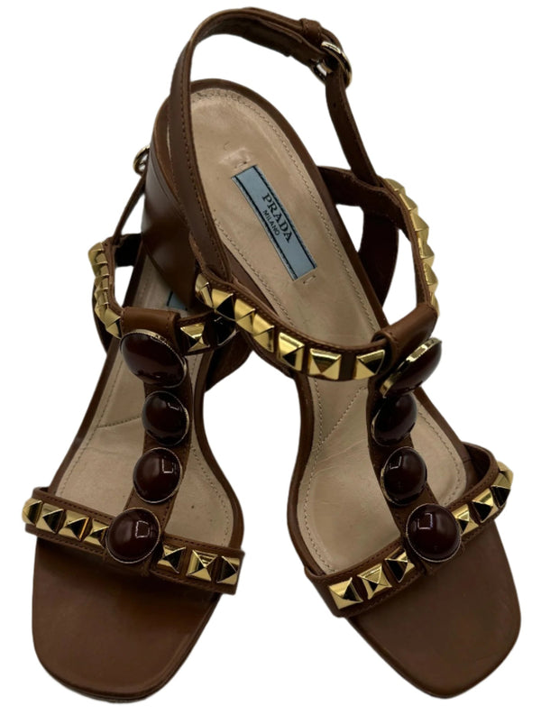 PRADA Cognac Brown Jeweled Stones Studded Sandal - Sz 39