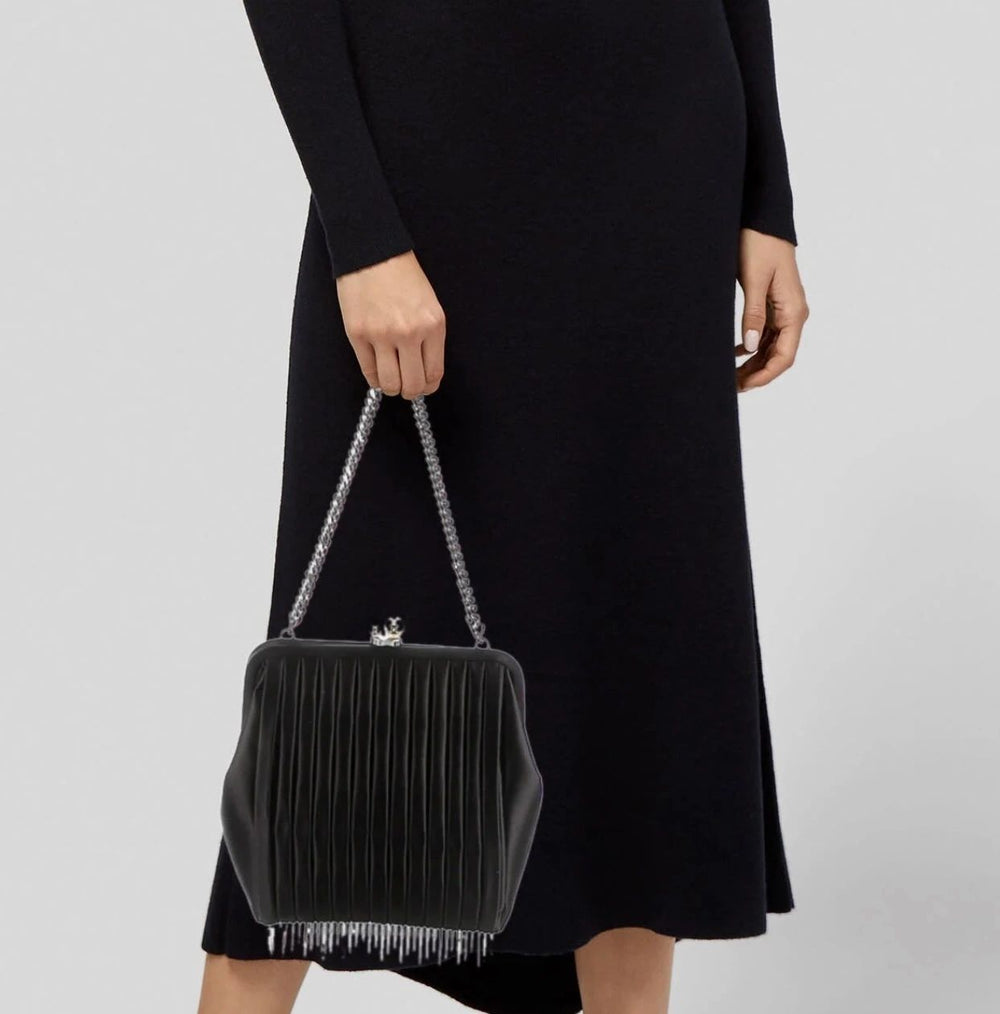 CHANEL CC Pearl Framed Black Satin Chain Fringe Shoulder Evening Bag - Rare- Vintage