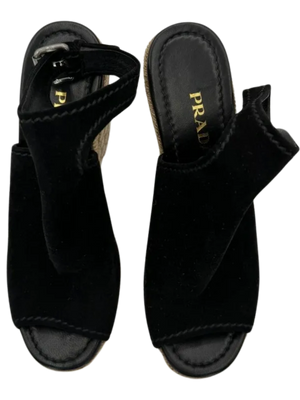 Prada Black Suede Open Toe Espadrille Slingback Wedges *NEW*