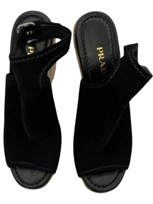 Prada Black Suede Open Toe Espadrille Slingback Wedges *NEW*