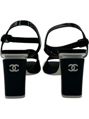 Chanel Black Patent Leather CC Block Heel Ankle Strap