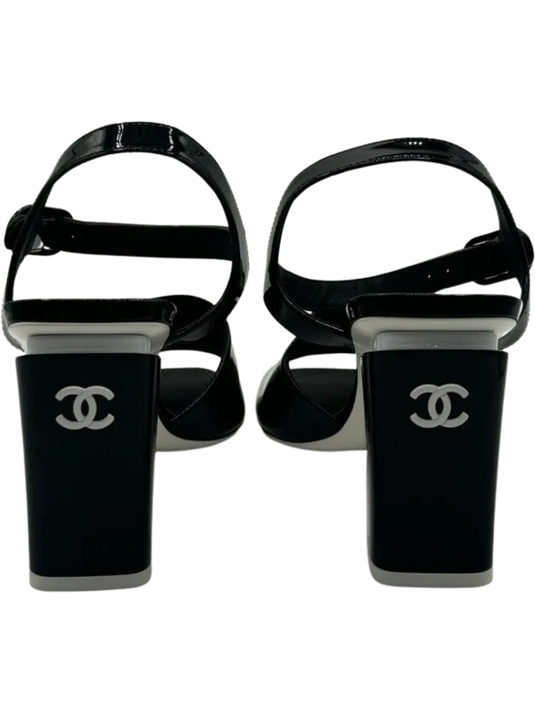 Chanel Black Patent Leather CC Block Heel Ankle Strap