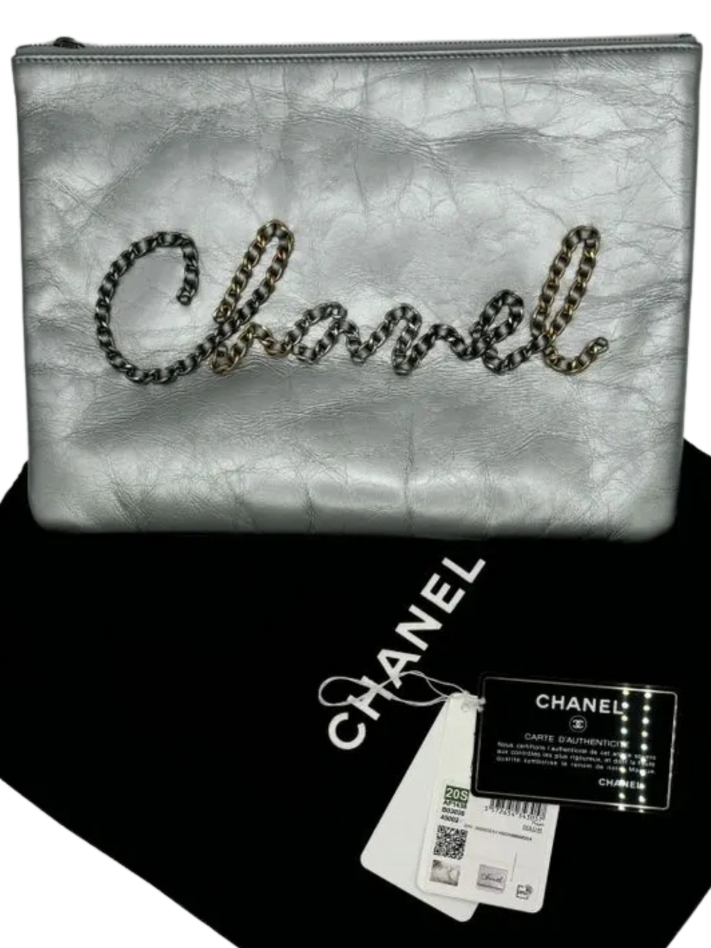 Chanel Written In Chain Metallic Crumpled Calfskin Signature Pouch Silver