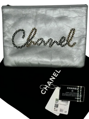 Chanel Written In Chain Metallic Crumpled Calfskin Signature Pouch Silver