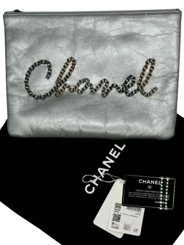 Chanel Written In Chain Metallic Crumpled Calfskin Signature Pouch Silver