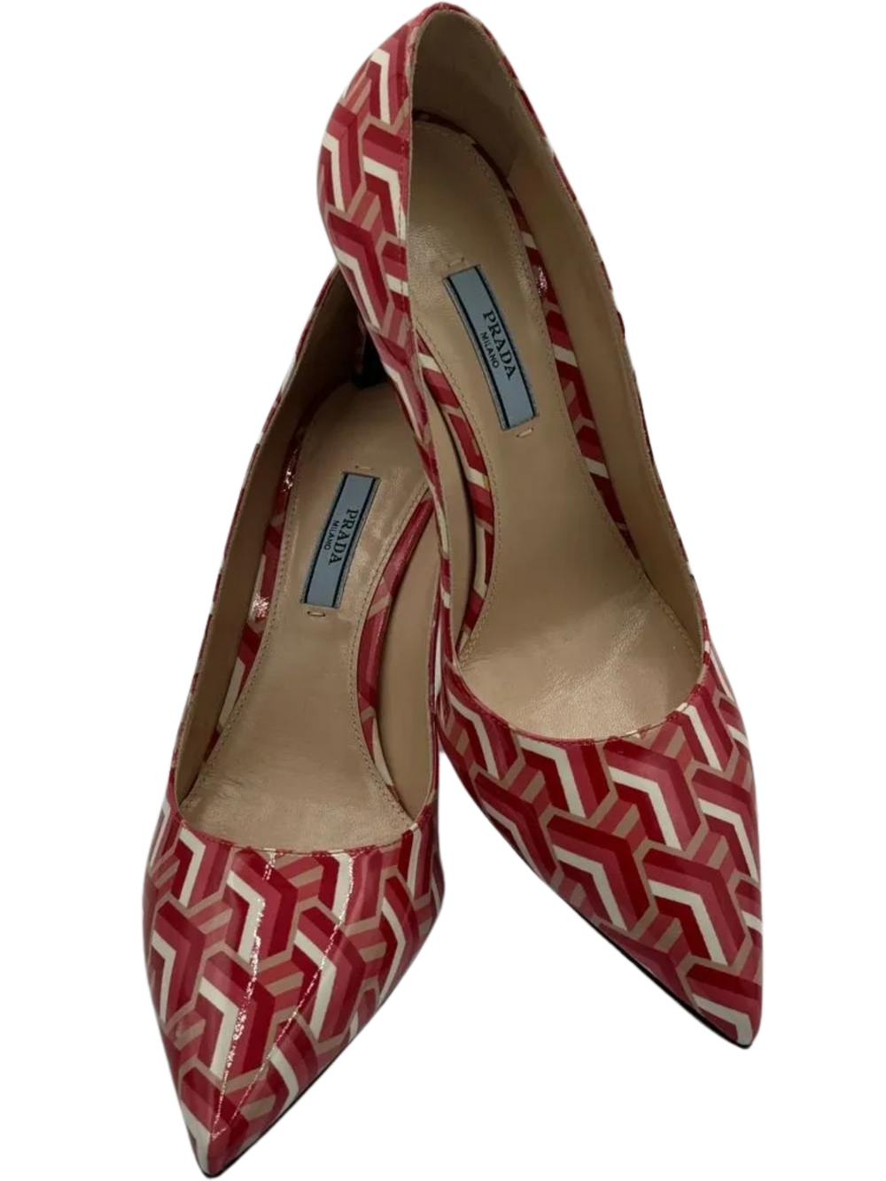 Prada Vernice St. Twis Patent Leather Pointed Toe Logo Heels *NEW*