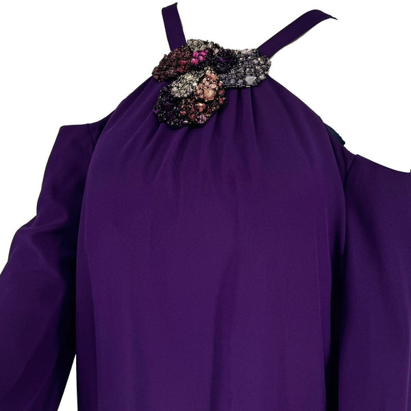 PAMELLA ROLAND Purple Cold Shoulder Beaded Neck Long Sleeve Maxi Dress 10.