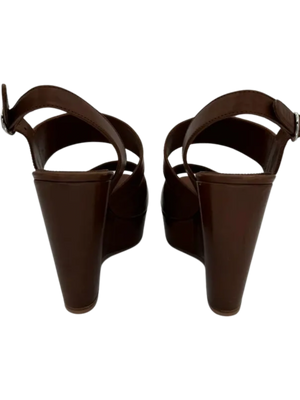 Prada Asymmetric Calfskin Wedge Sandal, Brown